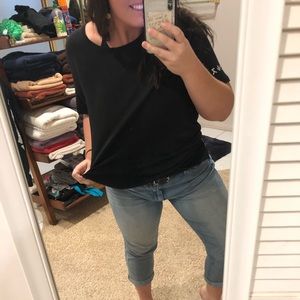 Black tee with Chinese characters on sleeve